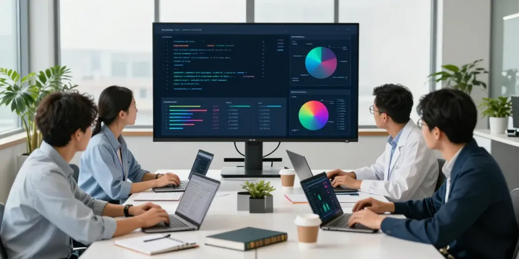 Collaborative team analyzing data visualizations in a modern enterprise AI workspace.